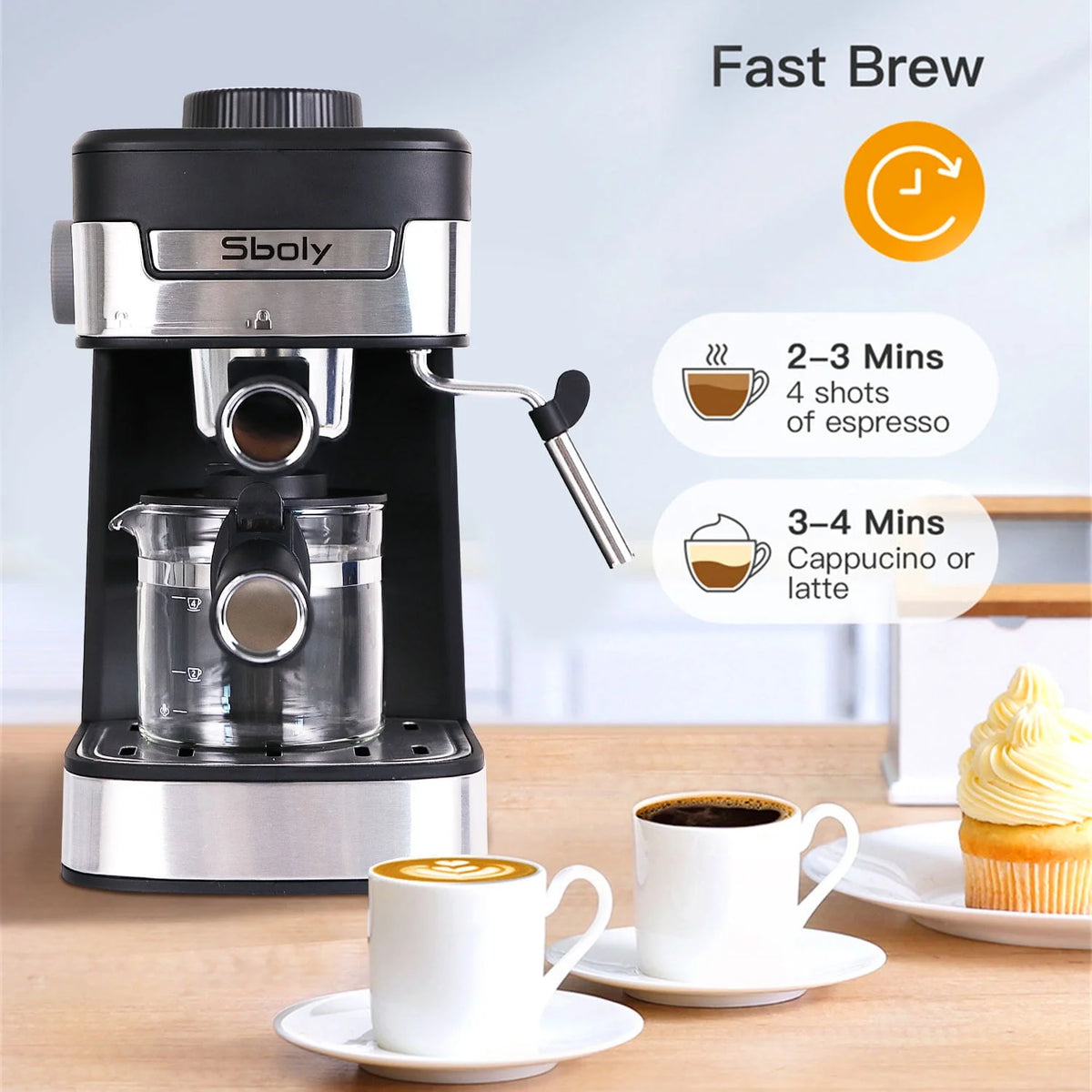Black 1-4 Cup Steam Espresso Machine with Milk Frother P8499