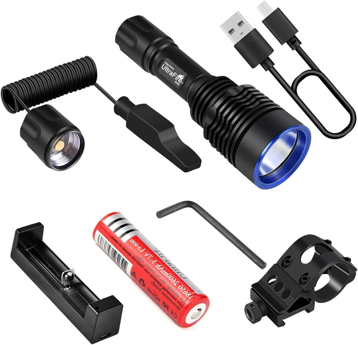 Tactical Flashlight with Picatinny Rail Mount, Pressure Switch, Rechargeable Battery and Charger V578