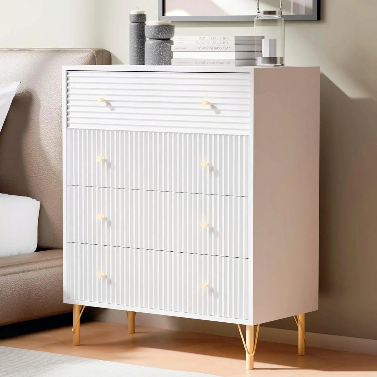 White 4 Drawers Dresser with Gold Metal Legs P821