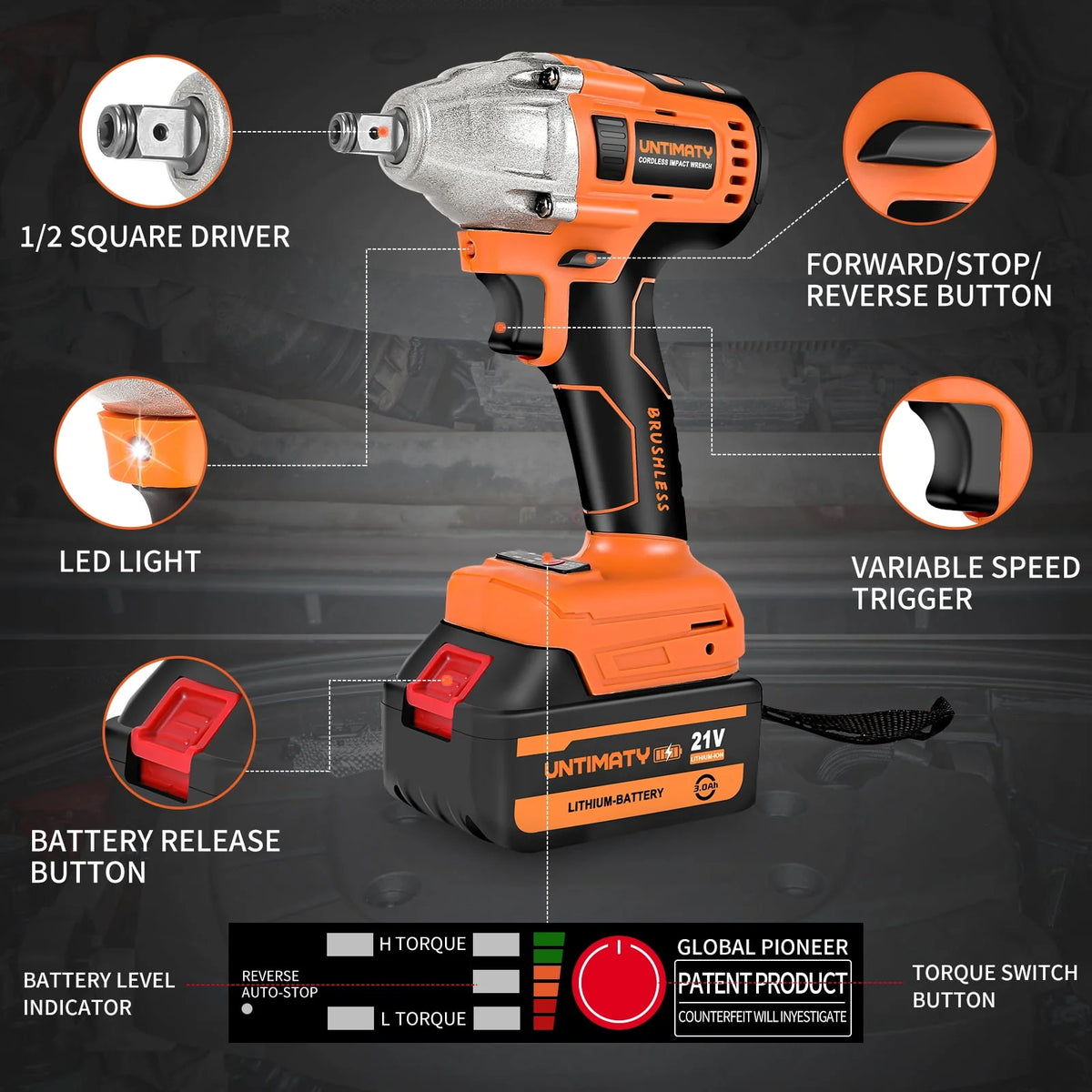 1/2 inch Brushless Cordless Impact Wrench with 3.0Ah Li-ion Battery & 7 Sockets R30255