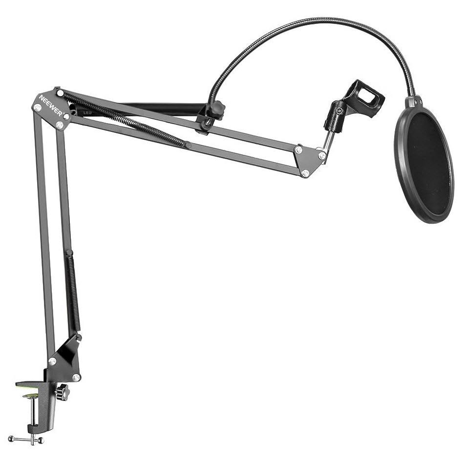Black Microphone Suspension Boom Scissor Arm Stand with Mic Clip Holder and Table Mounting Clamp W3805
