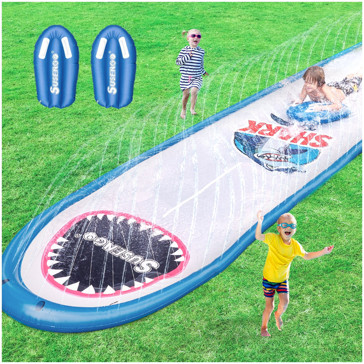 Inflatable Lawn Water Slide with 2 Bodyboards, 15.7x4.3ft R324719